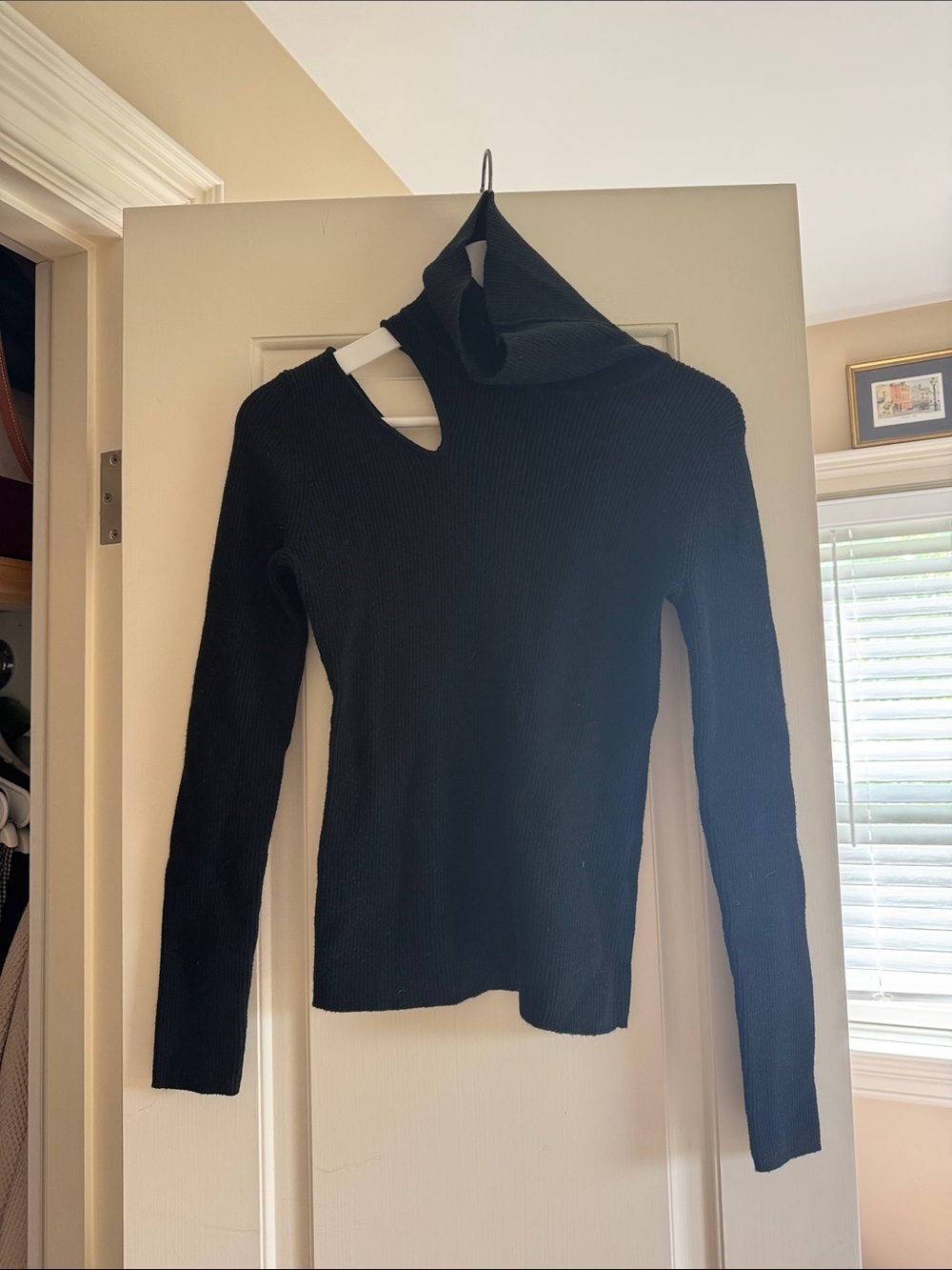 Stella + Lorenzo Black Ribbed Long Sleeve Top with Asymmetric Neck Cutout